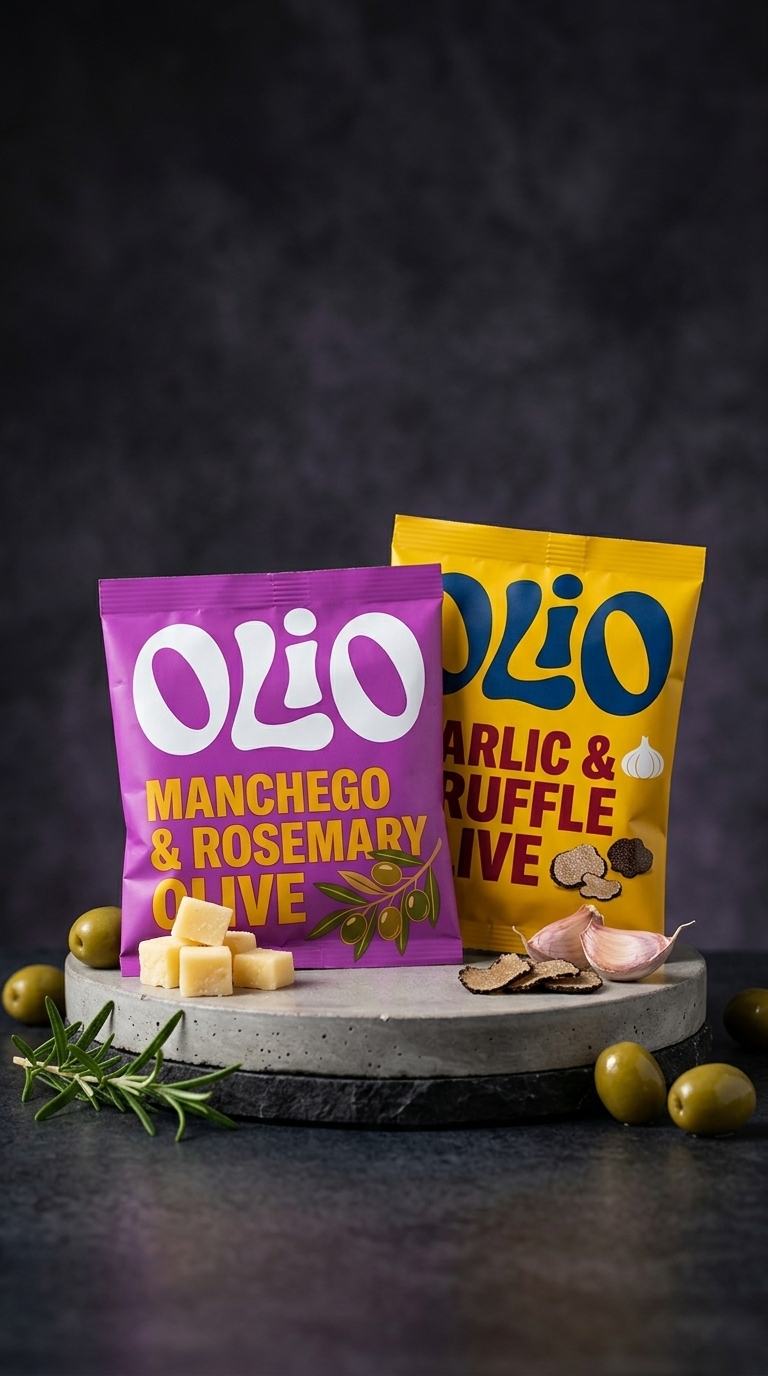 Manchego & Rosemary and Garlic & Truffle olive pouches on a stone plinth