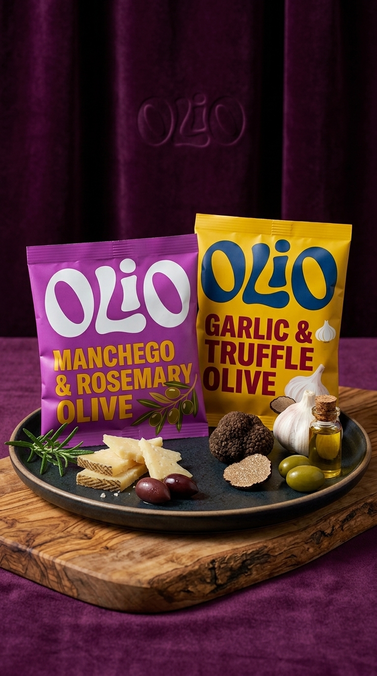 Manchego & Rosemary and Garlic & Truffle olive pouches with ingredients