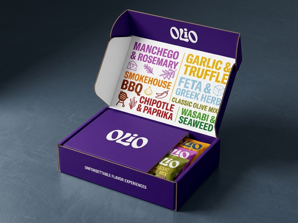 OLIO mailer box showing mixed flavor pouches inside premium packaging