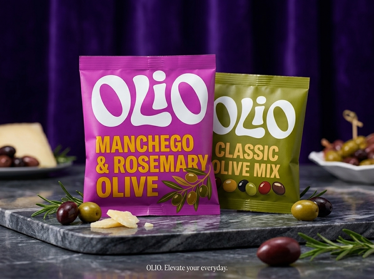 Manchego & Rosemary and Classic Olive Mix pouches with olives, cheese, garlic and olive oil